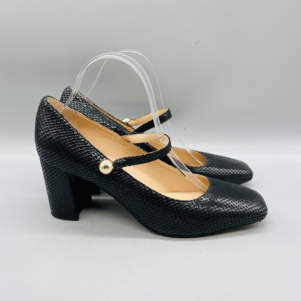 J Crew Shoes Womens 9.5 Black Snake Leather Mary Jane Block Heel Pumps